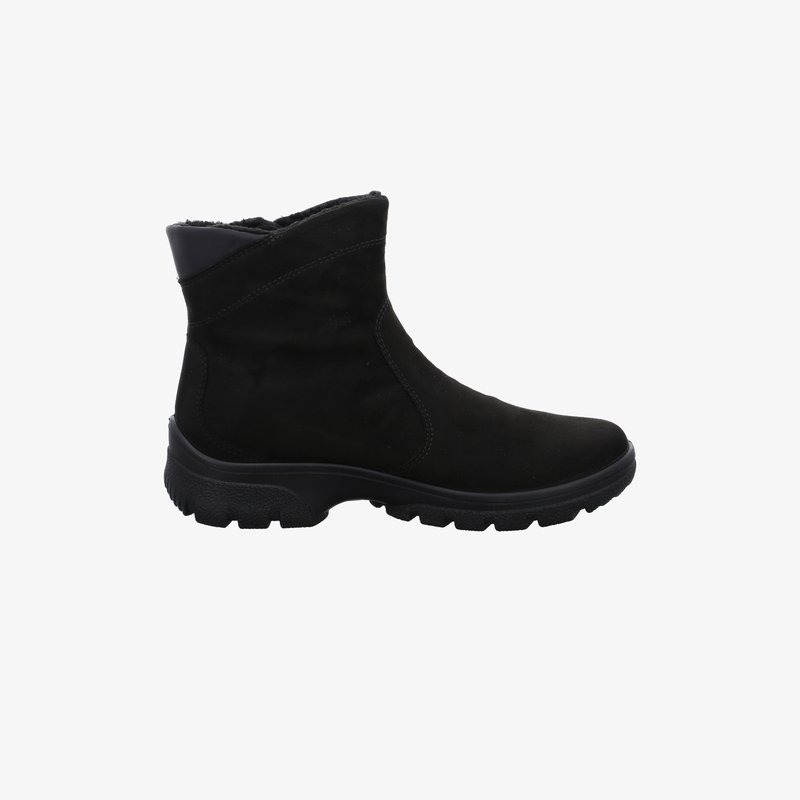 Schwarzer Knöchelhoch-Stiefel mit robuster Sohle und gepolstertem Schaft, aus weichem Wildledermaterial und mit warmem Innenfutter für kaltes Wetter.