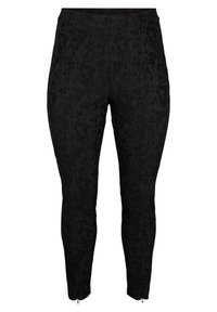 Svarta mönstrade byxor med blommönster, åtsittande form, elastisk midja och dragkedjedetaljer vid anklarna.