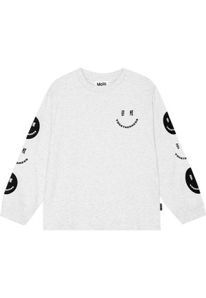 Lysegrå langærmet trøje med sorte cirkulære tekstdesigns med teksten "ME YOU TOGETHERNESS" på bryst og ærmer, mærkelabel "Molo" inde i kraven.