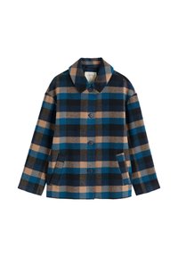 Karirana volnena jakna v odtenkih modre, rjave in črne barve; širok ovratnik, sprednji gumbi in dva stranska žepa.