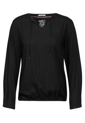 Svart långärmad tröja i texturerat mesh-material, med en v-ringning och dragsko samt en rynkad nederkant.