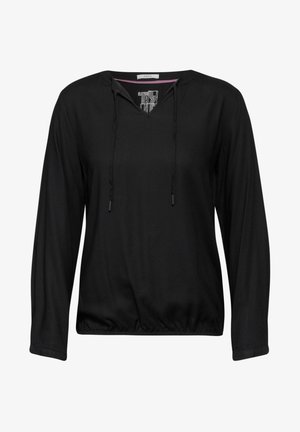 Zwarte lange mouwen pullover van gestructureerd mesh-materiaal, met een v-hals en een trekkoord, en een geraffineerde zoom.