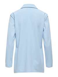Light blue blazer with a collar, long sleeves, and a smooth texture. Features a structured design and a straight cut in the back.