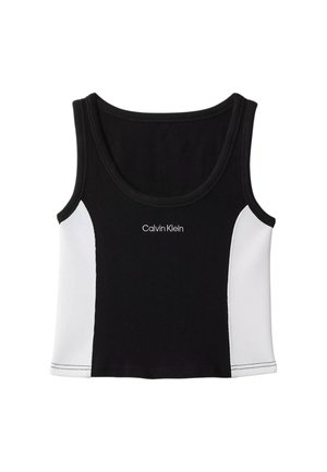 Crop top sans manches noir et blanc avec encolure arrondie et logo "Calvin Klein" centré sur la poitrine.