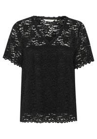 Black lace top featuring a V-neck, short sleeves, scalloped edges, and a floral pattern throughout. Lightweight and semi-sheer fabric.