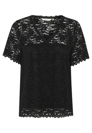 Schwarzes Spitze-Top mit V-Ausschnitt, kurzen Ärmeln, gewellten Kanten und einem floralen Muster. Leicht und semi-transparent.