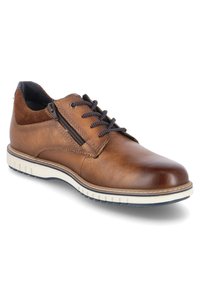Chaussure à lacets en cuir marron avec une finition texturée, dotée d'une semelle blanche contrastante et d'un détail de fermeture éclair sur le côté.