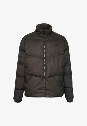 Gevoerde jas in donkergrijs met een hoge kraag, volledige ritssluiting aan de voorkant en een geborduurd logo aan de linkerkant. Glad materiaal en een comfortabele pasvorm.