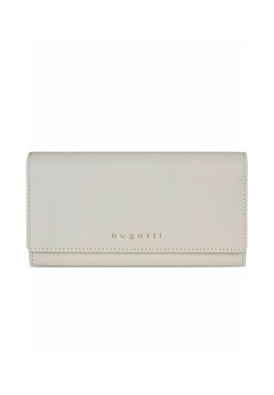 Portefeuille rectangulaire en cuir gris clair avec bords cousus et petit logo doré « bugatti » centré sur le rabat avant.