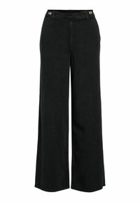 Široke crne hlače napravljene od teksturiranog materijala, s dvije okrugle dugmadi na remenu i patentnim zatvaračem.