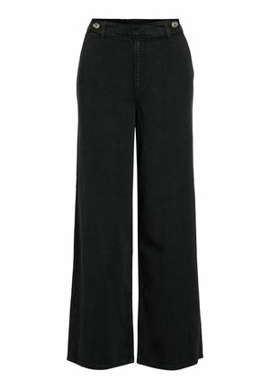 Pantaloni neri a gamba larga realizzati in tessuto testurizzato, dotati di due bottoni rotondi in vita e chiusura con zip.