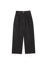 Jean noir à jambes larges, taille haute, bouton sur le devant, cinq poches et ourlets effilochés.
