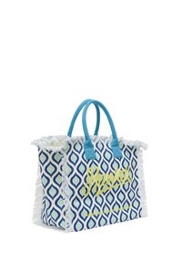 Fringe-táska kék árnyalatokban, figyelemfelkeltő geometrikus mintával. Tartós anyag, két türkiz karral és sárga kézírású "Hawaii" felirattal.