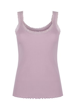 Fliederfarbener gerippter Tanktop mit gewelltem Spitzenbesatz am Ausschnitt und an den Trägern sowie leicht gewelltem Saum.