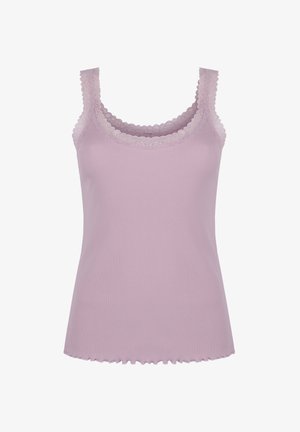 Fliederfarbener gerippter Tanktop mit gewelltem Spitzenbesatz am Ausschnitt und an den Trägern sowie leicht gewelltem Saum.