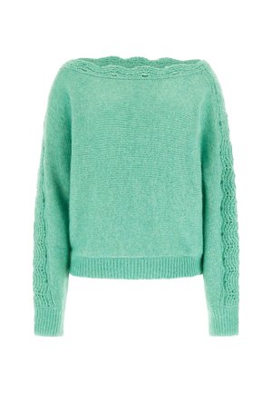 Maglione lavorato a maglia verde menta con maniche lunghe, scollatura a ondina, lati testurizzati e orlo a costine. Materiale morbido con una vestibilità comoda.