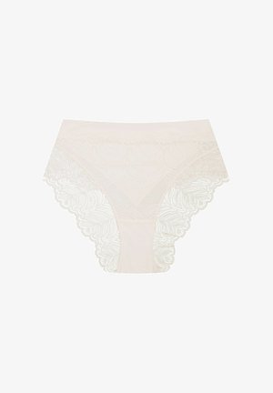 Spitzenslip in blassbeige mit floralem Spitzenbesatz und gewellten Kanten, ausgestattet mit einem weichen, glatten Mittelteil.