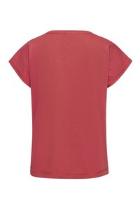 Červené tričko s krátkym rukávom, vo voľnom strihu a s kulatým výstrihom. Hladká látka s jednoduchým dizajnom a prešitím na lemovaní.