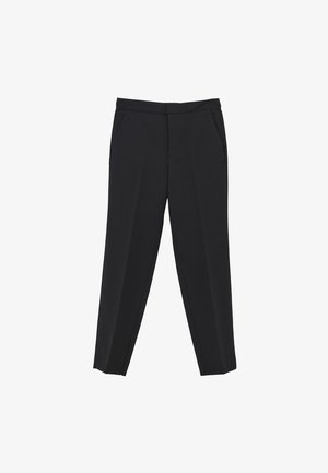 Pantaloni neri con gamba dritta, tasche laterali e frontale liscio. Realizzati in tessuto leggero e soffice. Senza motivi visibili o hardware.