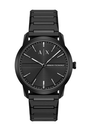 Black Armani Exchange wristwatch with metal link band, minimalist dial, silver hour markers, and three hands showing the time 10:10:37.