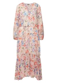 Robe longue transparente à fleurs dans un rose pastel avec des fleurs bleues, violettes et corail, manches longues, taille froncée et détail noué au niveau du col.