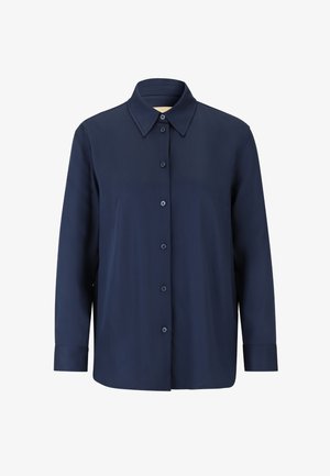 Marineblauwe button-up shirt van een gladde stof, met een klassieke kraag, lange mouwen en zes knopen aan de voorkant. Geen zichtbare patronen of accenten.