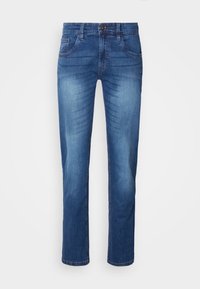 Jeans in denim blu scuro con un design a gamba dritta, cinque tasche e chiusura con bottone. Presentano una leggera scoloritura e una finitura classica.