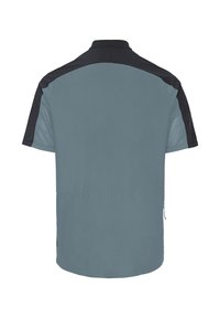 Chemise à manches courtes à col avec corps gris-bleu et panneaux noirs aux épaules, vue de dos sur fond blanc.