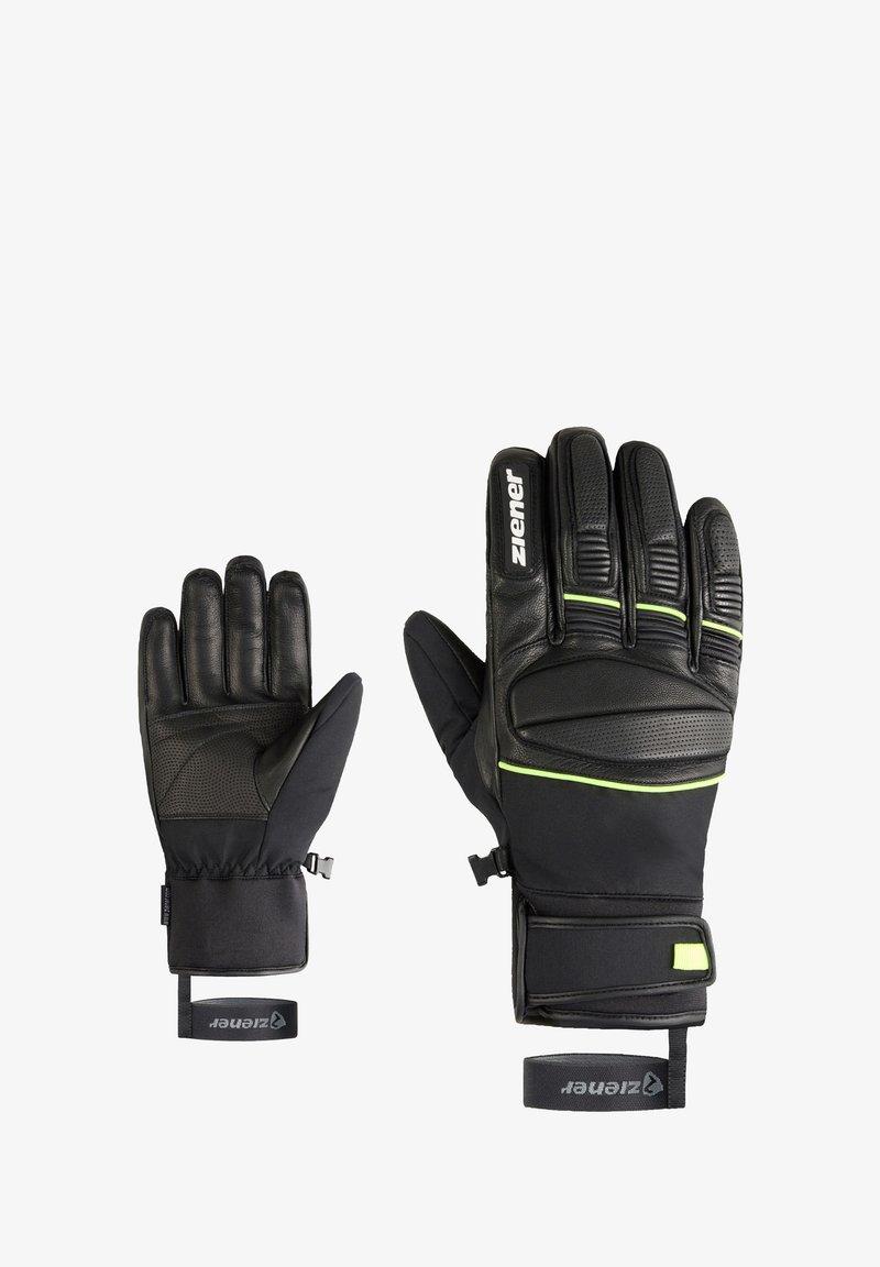 Black leather and fabric gloves with textured palms, adjustable cuffs, and green accents; designed for warmth and dexterity in chilly conditions.