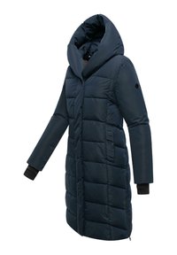 Gevoerde donkerblauwe jas met hoge kraag en oversized capuchon, voorzien van lange mouwen, een verticale ritszak en geribde manchetten.
