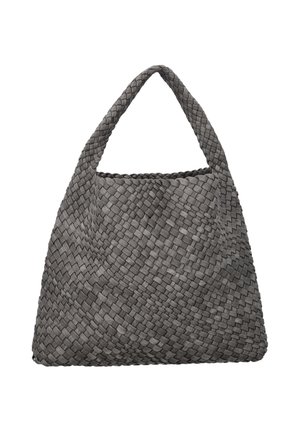 Grå stor vævet lædertaske med en enkelt tyk hank og et tekstureret kurvflettemønster.