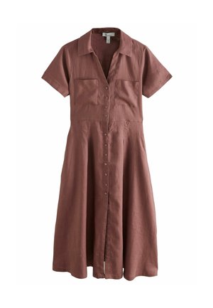 Brown linen dress with short sleeves, collared neckline, button front, and two chest pockets. Flared skirt with a slight pleat detail.