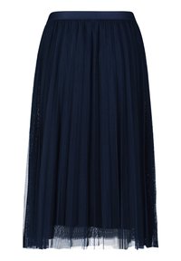 Jupe mi-longue plissée bleu marine avec taille élastique et tissu en tulle transparent superposé.