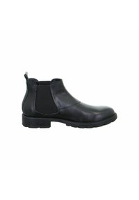 Schwarze Leder-Chelsea-Stiefel mit elastischen Seitenpaneelen, abgerundeter Zehenpartie und niedrigem Blockabsatz. Mit einer Schlaufe an der Rückseite für einfaches Anziehen.
