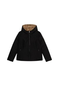 Czarna kurtka puchowa z kapturem, z kontrastującym jasnobrązowym wnętrzem, z zamkiem z przodu i dwoma bocznymi kieszeniami. Gładka tekstura i lekka konstrukcja.