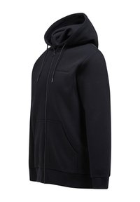 Sort zip-up hoodie med en kengurulomme, justerbar snørehætte og ribbede manchetter. Lavet af blødt, struktureret fleece-materiale.