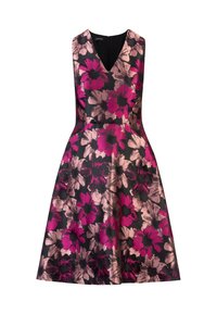 Blumenkleid mit V-Ausschnitt, ärmellosem Design und schwingendem knielangem Rock. Schwarzer Stoff mit pinkfarbenem und kupferfarbenem Blumenmuster.