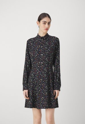 Rochie neagră cu un imprimeu floral cu flori colorate, mâneci lungi, închidere cu nasturi și un design cu fustă evazată.