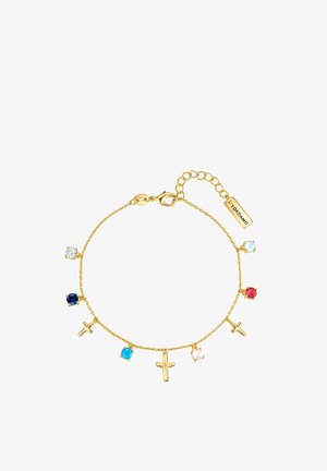 Zelta ķēdes aproce ar krāsainiem akmeņiem zilos, tirkīza, sarkanos un caurspīdīgos toņos, ar maziem krustiem un astes kāda aizdari.