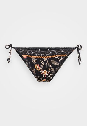 Black bikini bottom with floral patterns in orange and pink, featuring side ties and a textured waistband.