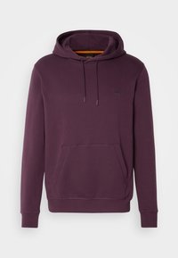 Sweat à capuche violet foncé à enfiler avec poche kangourou à l'avant, cordons réglables et logo discret de la marque sur la poitrine.