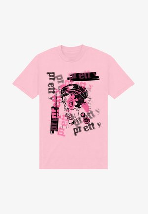 Rosa Baumwoll-T-Shirt mit einem Grafikdruck eines Charakters mit einer schwarzen Kappe, Eiscreme und dem Wort "pretty" in verschiedenen Farben und Stilen.
