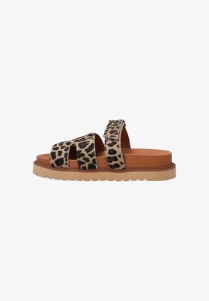 Leopard print slide sandals with two wide straps, a tan cushioned footbed, and a light rubber outsole featuring a wave pattern.