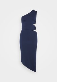 Robe bleu marine à une épaule avec un design torsadé à la taille. Tissu lisse avec un ourlet asymétrique, silhouette ajustée et apparence épurée.