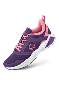 Fioletowy tenisówka z różowymi akcentami, siateczkową cholewką i kontrastową podeszwą. Posiada sznurowadła, detal z logo oraz pętelkę z tyłu.