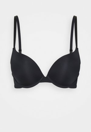 Black underwire bra with smooth cups, adjustable straps, and minimal padding. Features seamless design for a sleek appearance.
