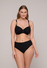 Svart randig bikiniuppsättning med en strukturerad bh med underwire och justerbara band samt högmidjad underdel. Texturerad tyg med glans.