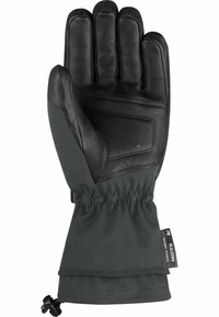 Svart läder- och mörk tyghandske med femfingersdesign, texturerad handflata och elastiskt ärm för en bekväm passform. Har en justerbar snodd.