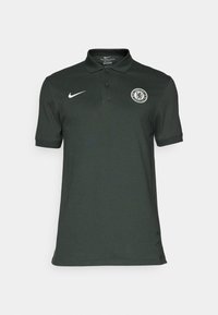 Mørkegrøn polo skjorte lavet af åndbart stof, med en tre-knaps placket, korte ærmer, Nike-logo og Chelsea FC-emblem.