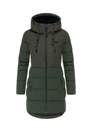 Green puffer coat with a fleece upper, full-length zipper, and adjustable hood. Features side pockets and a longer back hem.